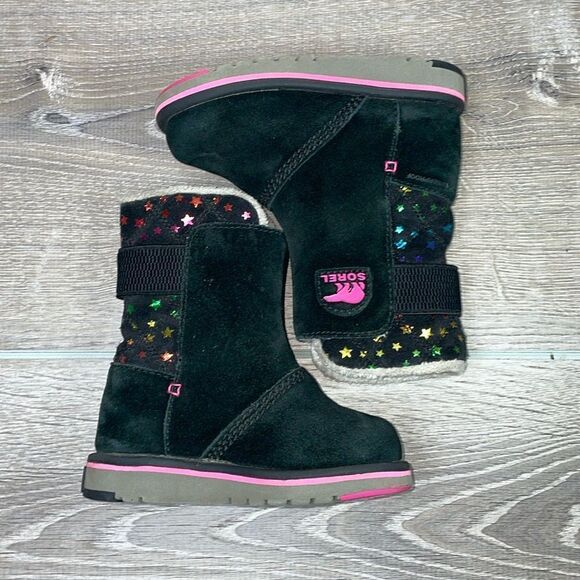 Sorel Rylee Waterproof Black Suede Warm Lined Pink Stars Toddler Girl Sz 8 Boots - Picture 10 of 13